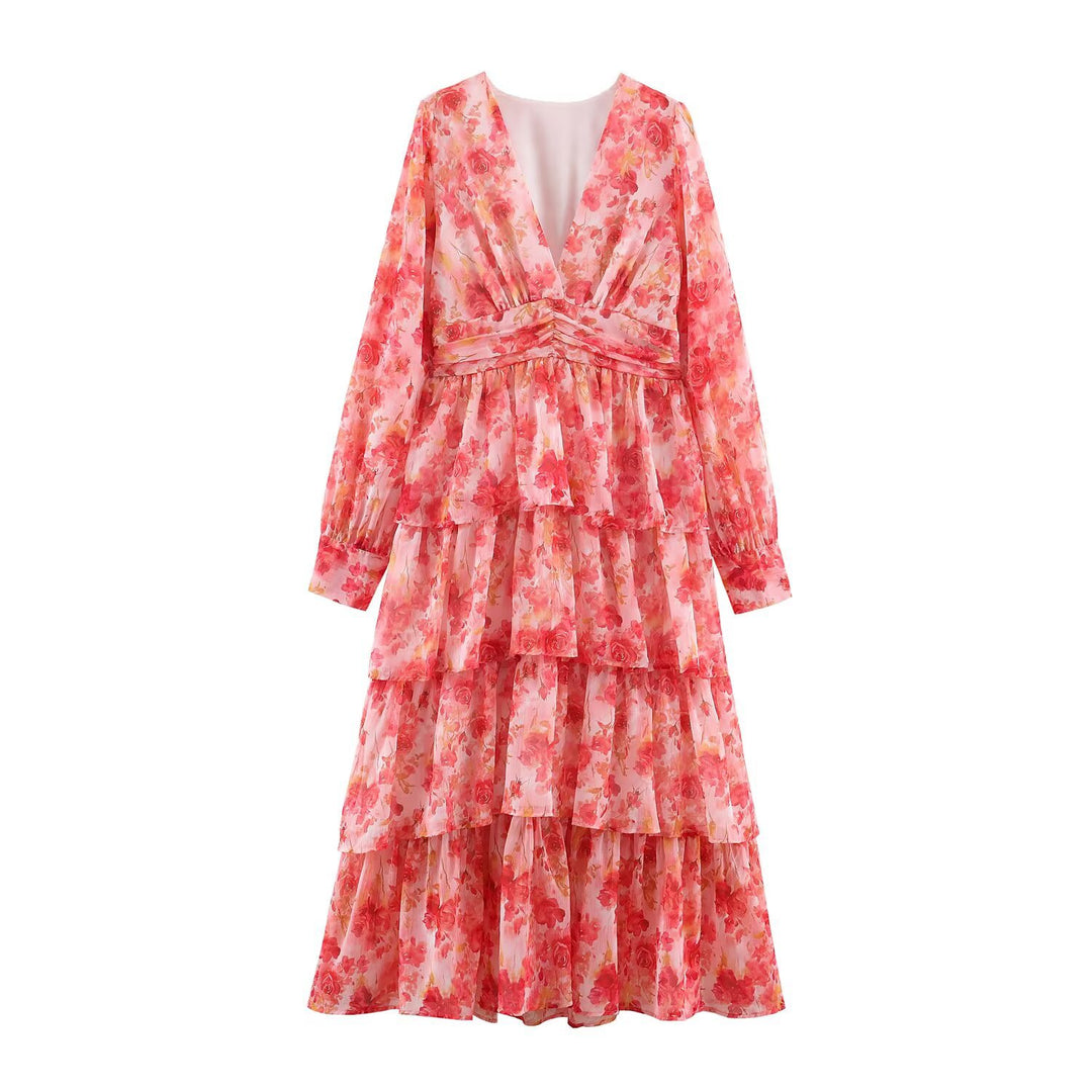 Damen Langes stufiges Chiffon-Midikleid mit tiefem V‑Ausschnitt und taillierten Drapierungen Drune