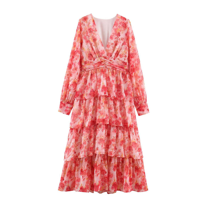 Damen Langes stufiges Chiffon-Midikleid mit tiefem V‑Ausschnitt und taillierten Drapierungen Drune