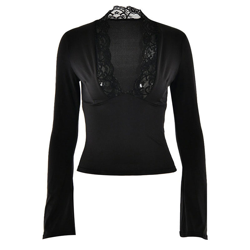 Damen Elegantes Langarm-Top mit Spitzenkragen Drune