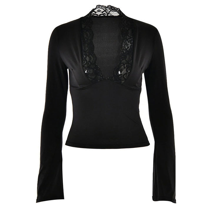 Damen Elegantes Langarm-Top mit Spitzenkragen Drune
