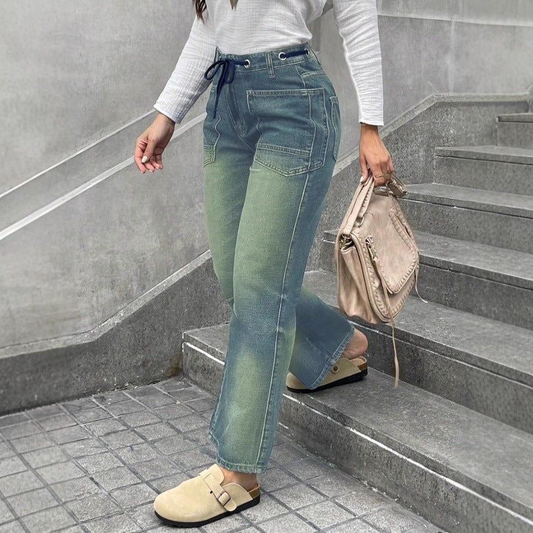 Damen Hochtaillierte Jeans mit geradem Bein, Tunnelzugbund und aufgesetzten Taschen Drune