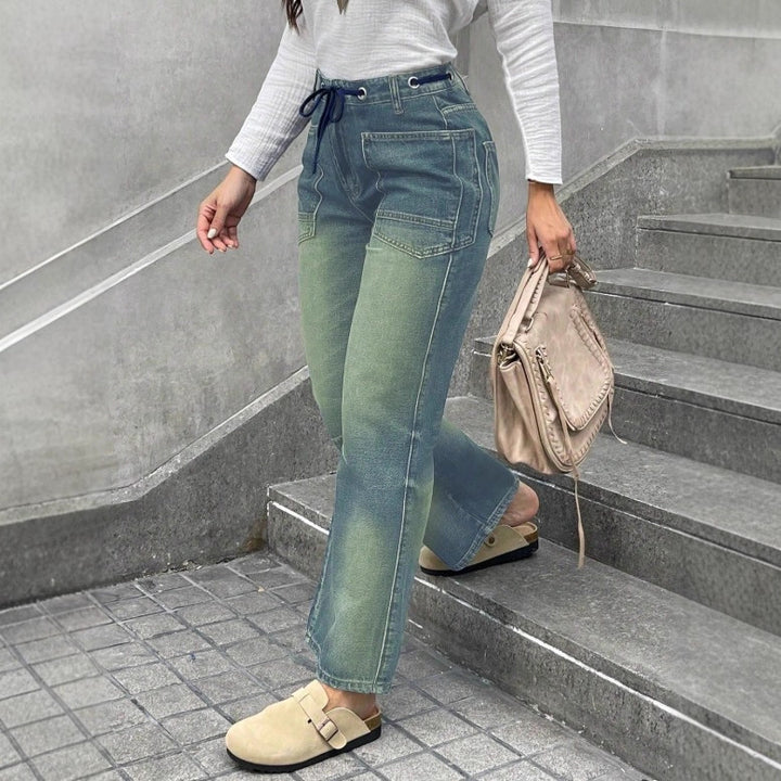 Damen Hochtaillierte Jeans mit geradem Bein, Tunnelzugbund und aufgesetzten Taschen Drune