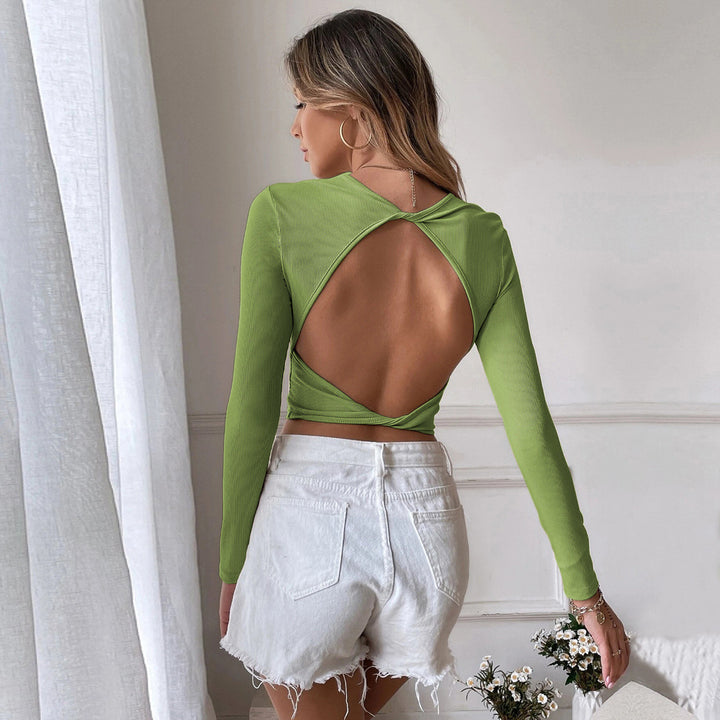 Damen eng anliegendes geripptes Cropped-Longsleeve mit Rundhals Drune