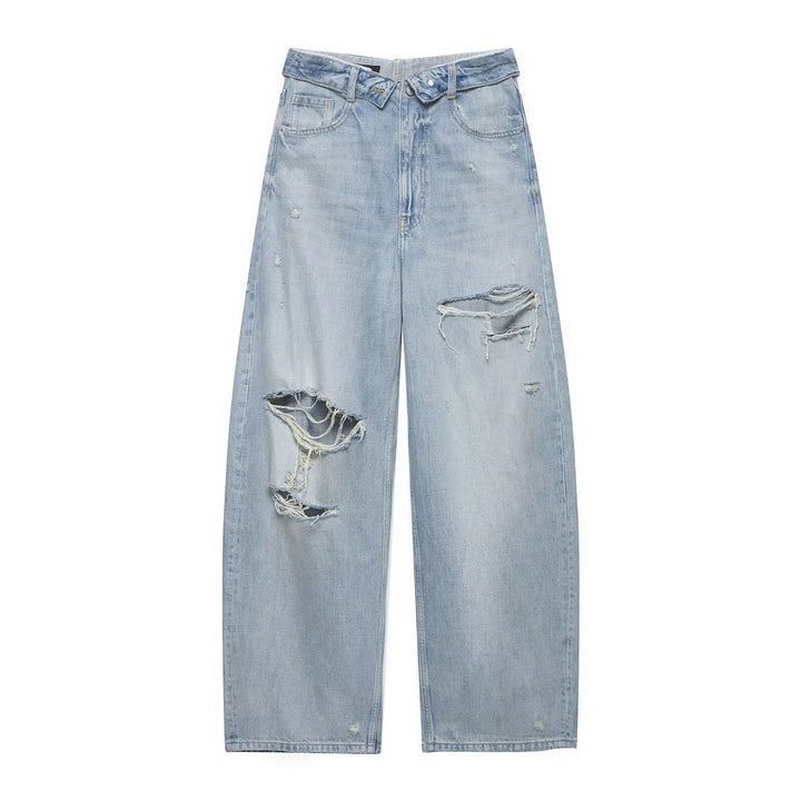 Damen Cropped-Jeans mit weitem Bein, hoher Taille und Used-Waschung Drune