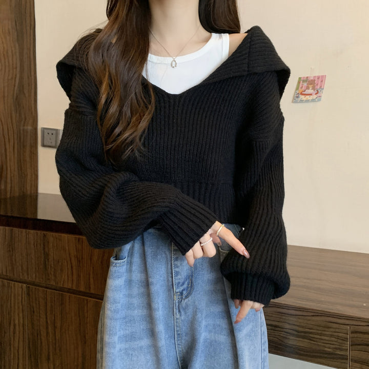 Damen kuscheliger V-Pullover mit Kapuze und Oversized-Schnitt Drune