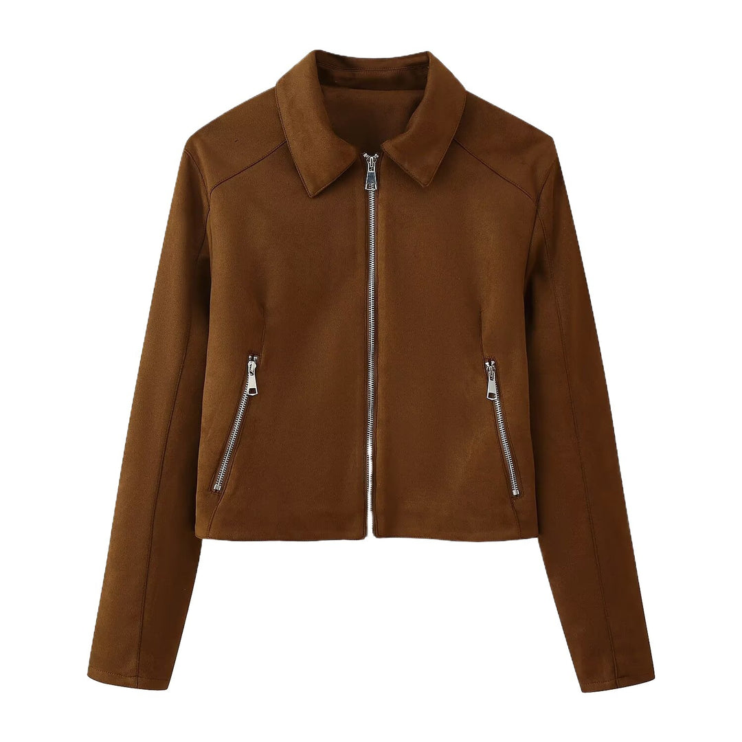 Damen trendige Bikerjacke mit zwei praktischen Reißverschlusstaschen und elegantem Kragen Drune