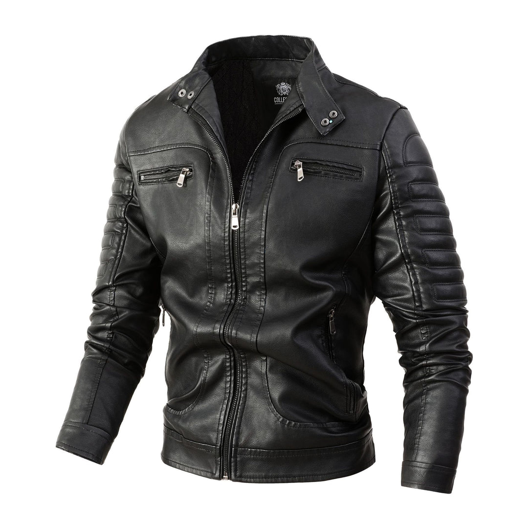 Herren Bikerjacke aus Kunstleder mit gesteppter Ärmelpolsterung, Stehkragen und Multi-Taschen Drune