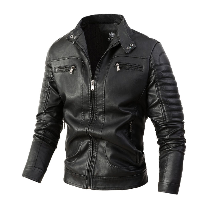 Herren Bikerjacke aus Kunstleder mit gesteppter Ärmelpolsterung, Stehkragen und Multi-Taschen Drune