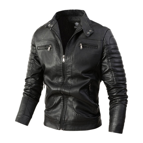 Herren Bikerjacke aus Kunstleder mit gesteppter Ärmelpolsterung, Stehkragen und Multi-Taschen Drune