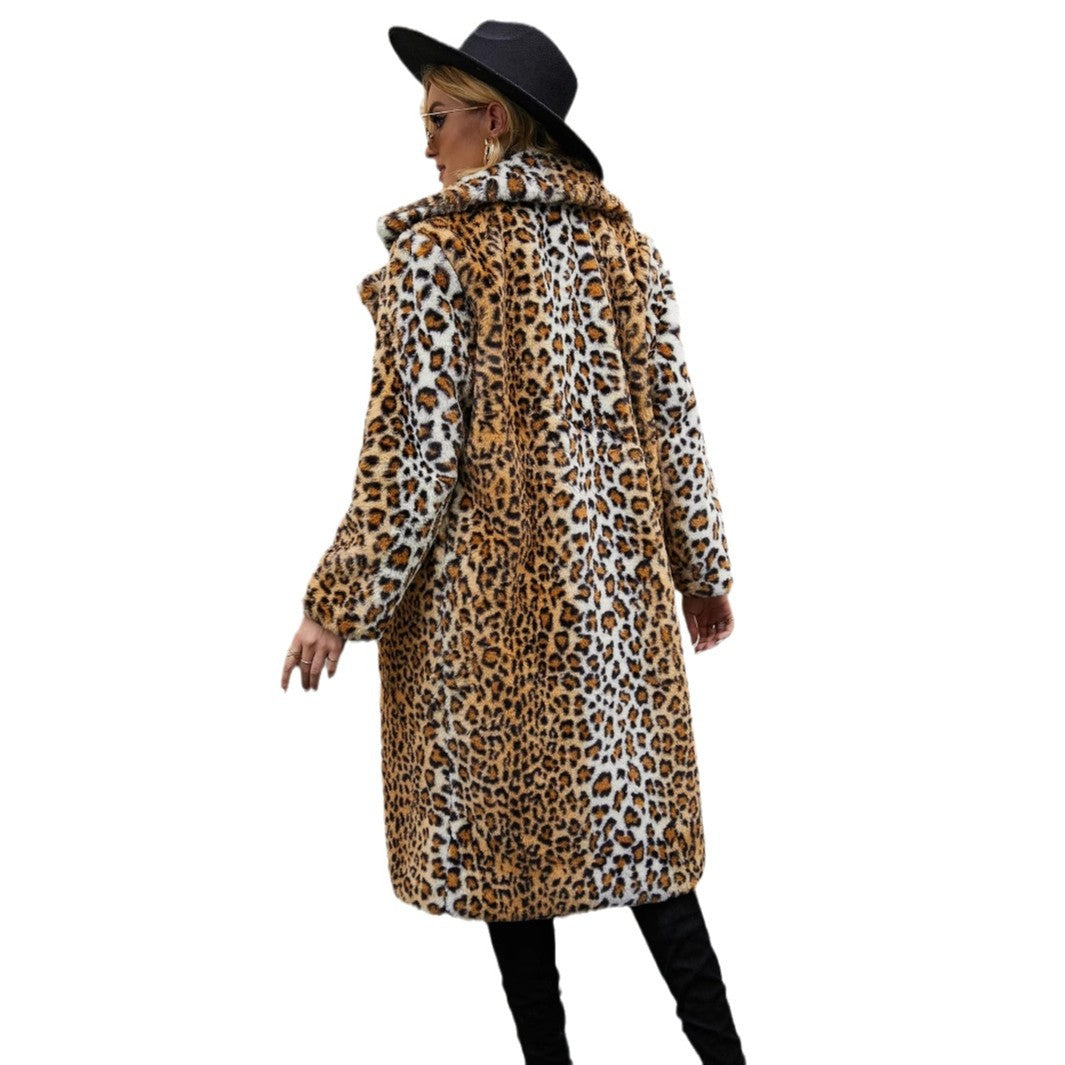 Damen Langer Mantel mit Leopardenmuster und weichem Kunstfell Drune