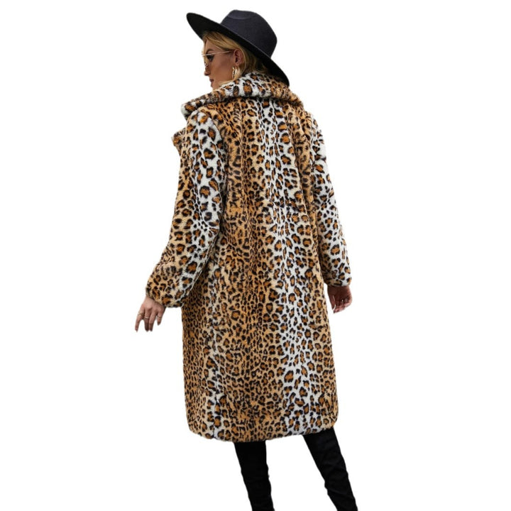 Damen Langer Mantel mit Leopardenmuster und weichem Kunstfell Drune