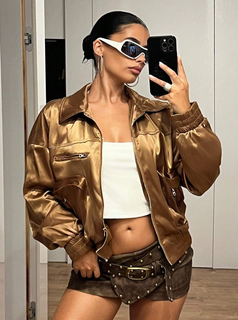 Damen Bomberjacke im glänzenden Satin-Look mit seitlichen Reißverschlusstaschen Drune