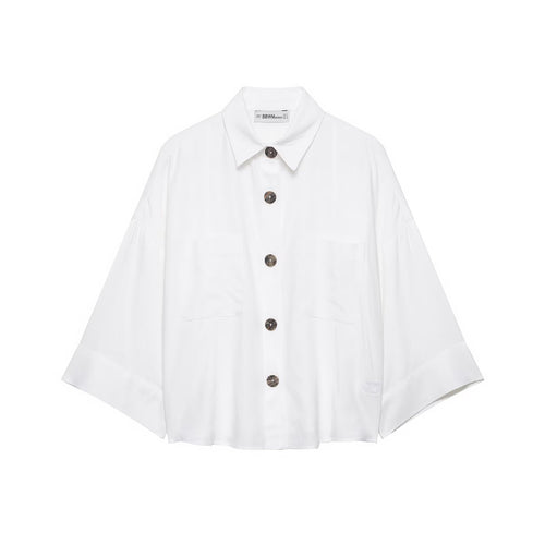 Damen Oversized Hemdjacke mit weiten Kimonoärmeln und großen Hornknöpfen Drune