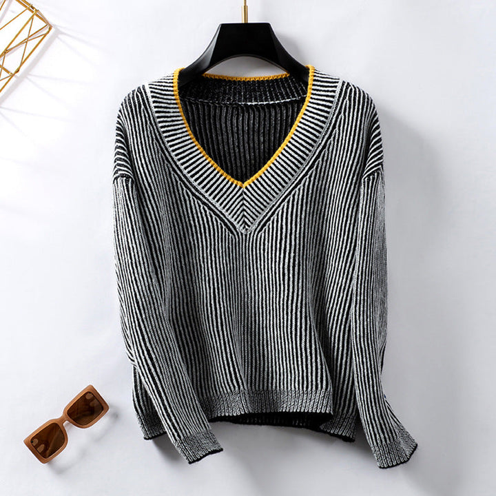 Damen Strickpullover mit V-Ausschnitt und gestreiftem Design Drune