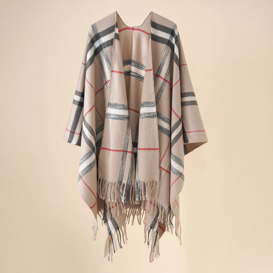 Damen Wollmix-Poncho mit Karomuster und Fransen Drune