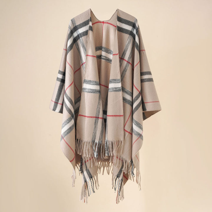 Damen Wollmix-Poncho mit Karomuster und Fransen Drune