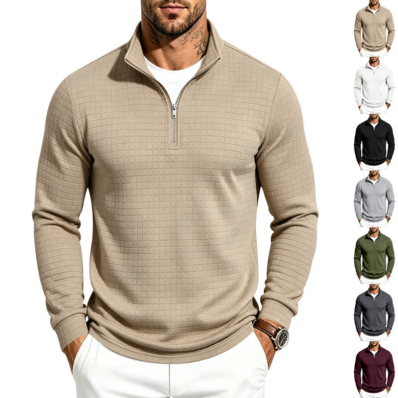 Herren Slim-Fit Pullover mit halbem Reißverschluss und geprägter Quadratstruktur Drune