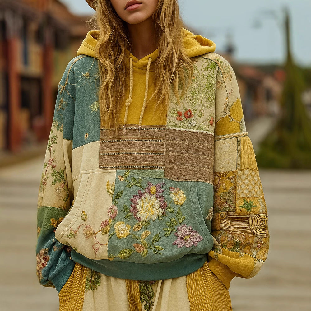 Damen Bestickter Patchwork-Kapuzenpullover mit Blumenapplikation und Kängurutasche Drune