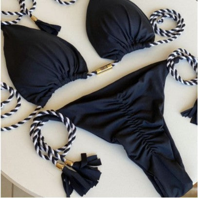 Damen Triangel-Bikini mit modischem Leopardenmuster und dekorativen Quasten Drune