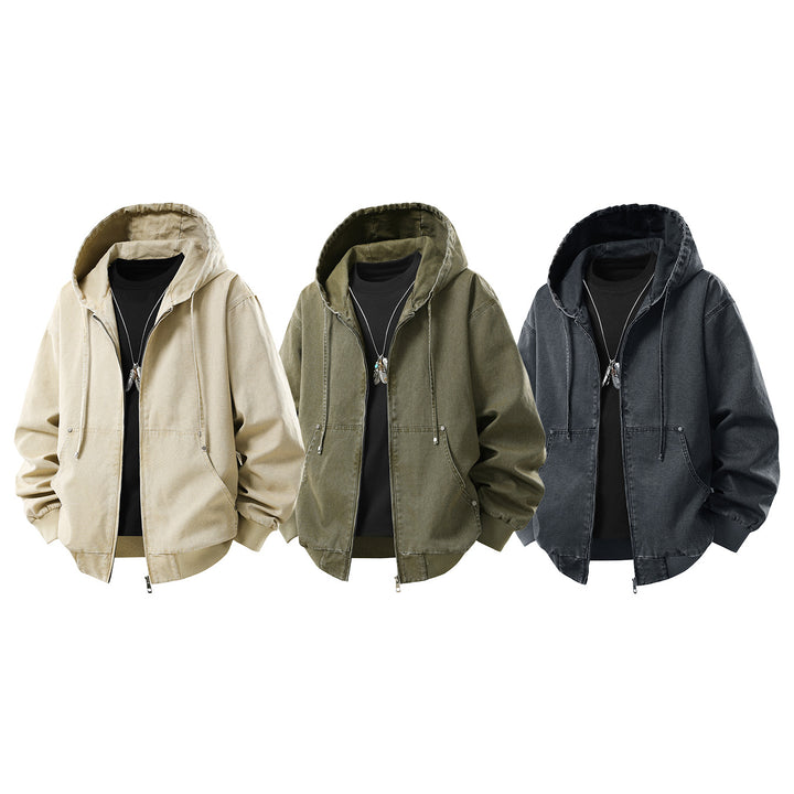 Herren Oversize Kapuzenjacke aus gewaschenem Canvas mit Reißverschluss und Utility-Taschen Drune