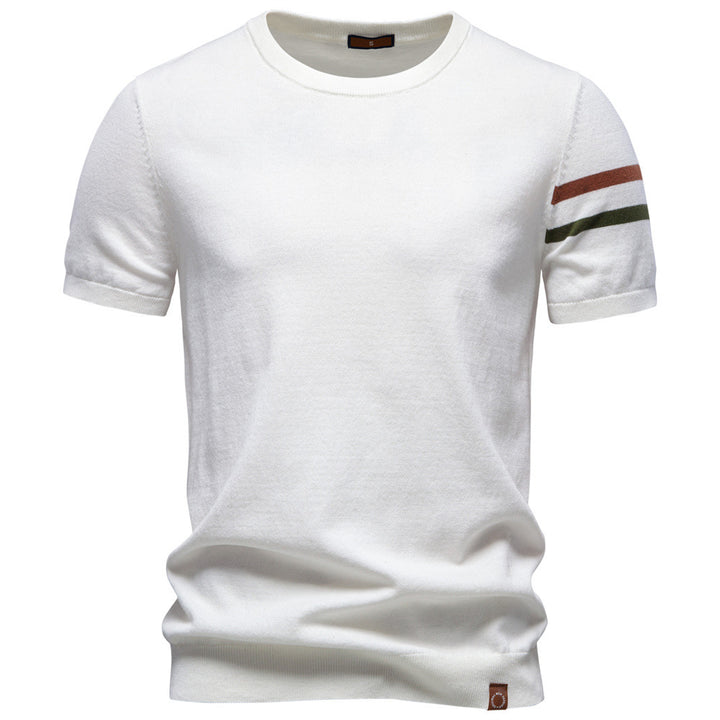 Herren nan feines Baumwollstrickshirt mit Rundhalsausschnitt kurzärmelig und kontrastierenden Ärmelstreifen Drune