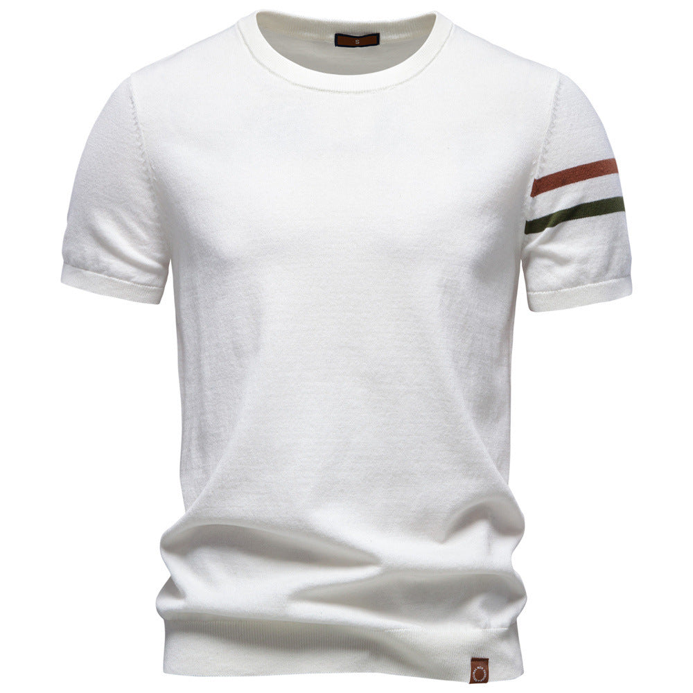 Herren nan feines Baumwollstrickshirt mit Rundhalsausschnitt kurzärmelig und kontrastierenden Ärmelstreifen Drune
