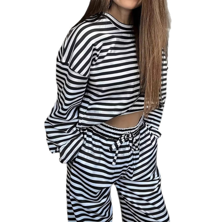 Damen Gestreiftes Lounge-Set aus weichem Baumwoll-Mix mit weitem Bein Drune
