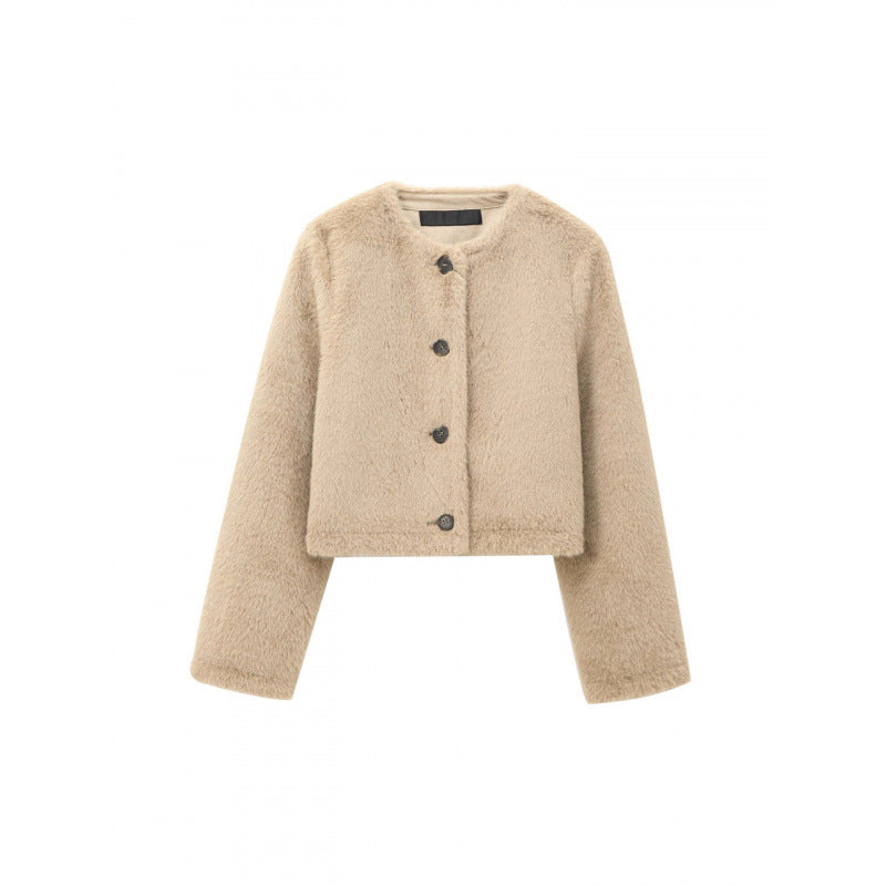 Damen Cropped Teddy‑Jacke mit geradem Saum, Rundhals und Hornknopfverschluss Drune