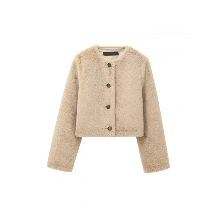 Damen Cropped Teddy‑Jacke mit geradem Saum, Rundhals und Hornknopfverschluss Drune