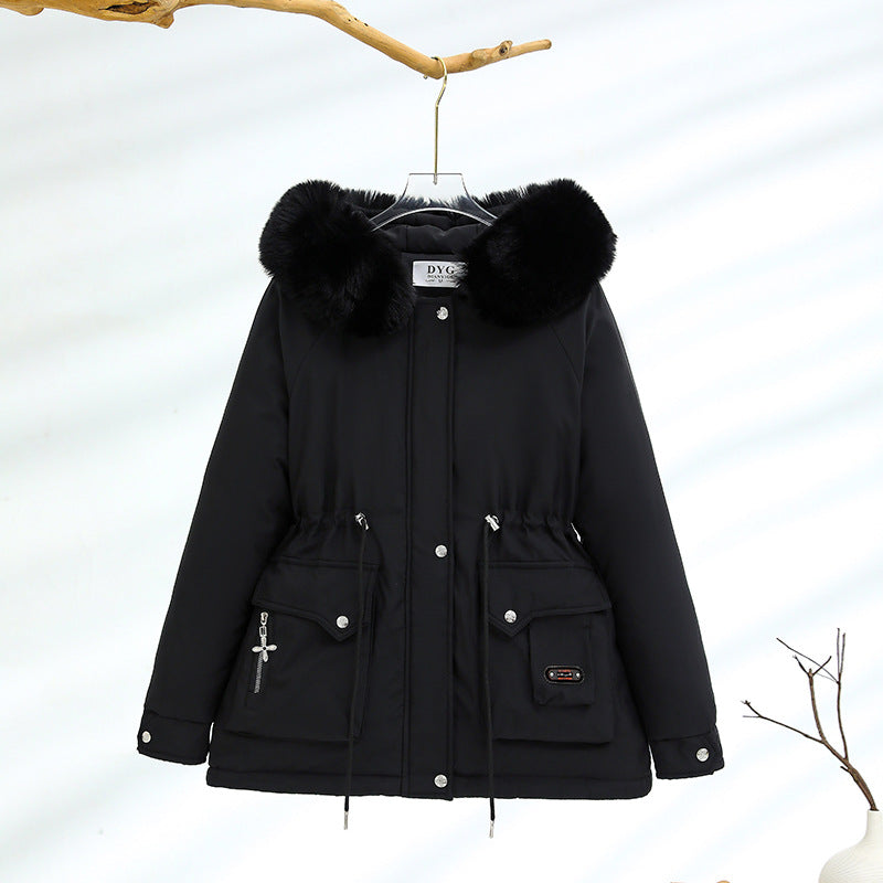 Damen nan kurzer Thermo-Parka mit voluminösem Schalkragen in Webpelzoptik und taillierendem Tunnelzug Drune