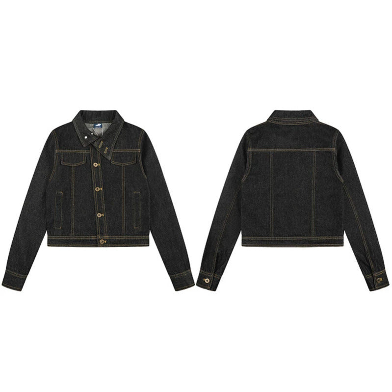 Damen Kurze kastige Jeansjacke mit Kontrastnähten und Brustklappen Drune