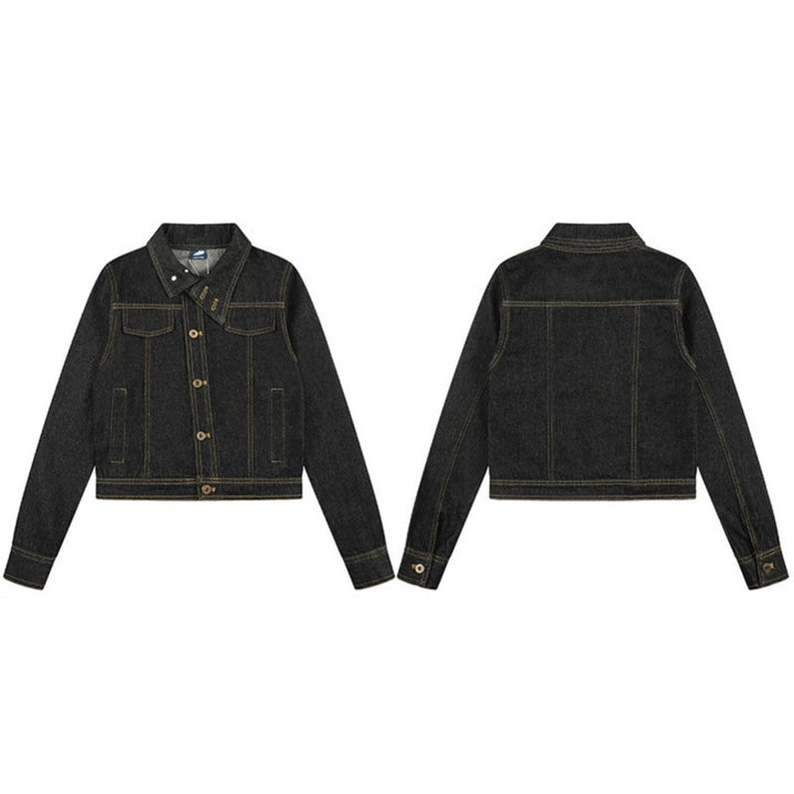 Damen Kurze kastige Jeansjacke mit Kontrastnähten und Brustklappen Drune