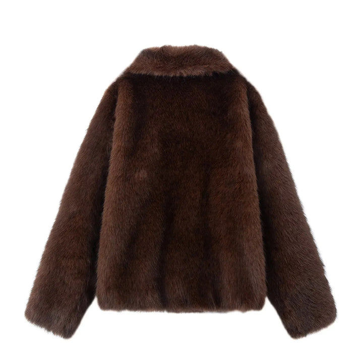 Damen nan kurze Lammfelloptik-Jacke mit voluminösem Schalkragen und verdeckter Knopfleiste Drune