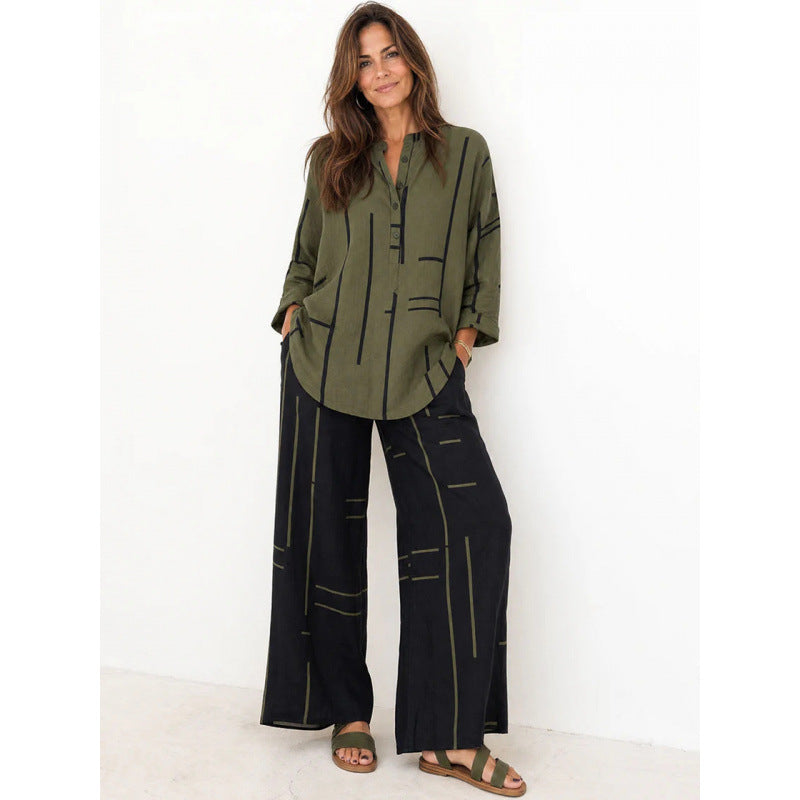 Damen Oversize-Tunika und weite Palazzohose mit grafischem Streifenprint und Henley-Kragen Drune