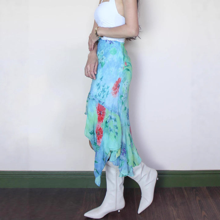 Damen Wickelrock mit floralem Design und voluminösem Rüschenabschluss Drune