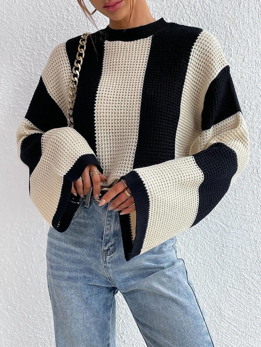 Damen Trendiger Strickpullover mit weitem Schnitt und Blockstreifen Drune