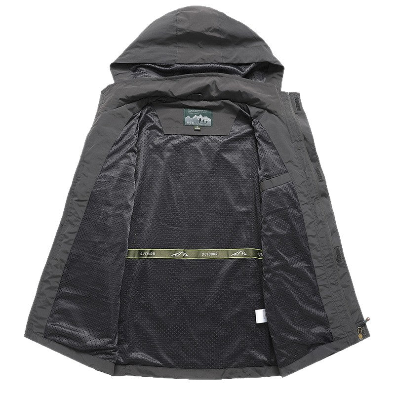 Herren Technische leichte Outdoorjacke mit Kapuze wasserabweisend und Multifunktionstaschen Drune