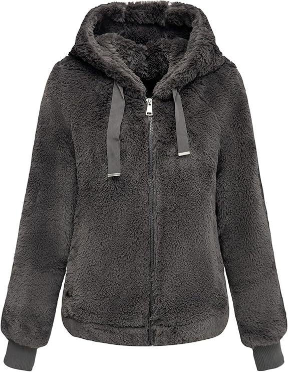 Damen Kapuzen‑Teddyjacke aus weichem Faux‑Fur mit Reißverschluss und Rippbündchen Drune