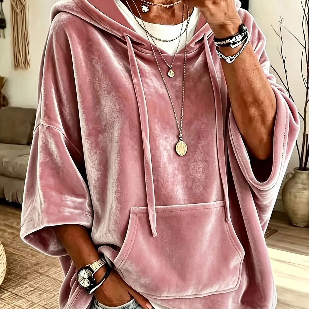 Damen Oversize Samt-Hoodie mit halblangen Ärmeln und Kängurutasche Drune
