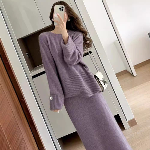 Damen gemütliches Strickensemble mit Pullover und Maxi-Rock Drune