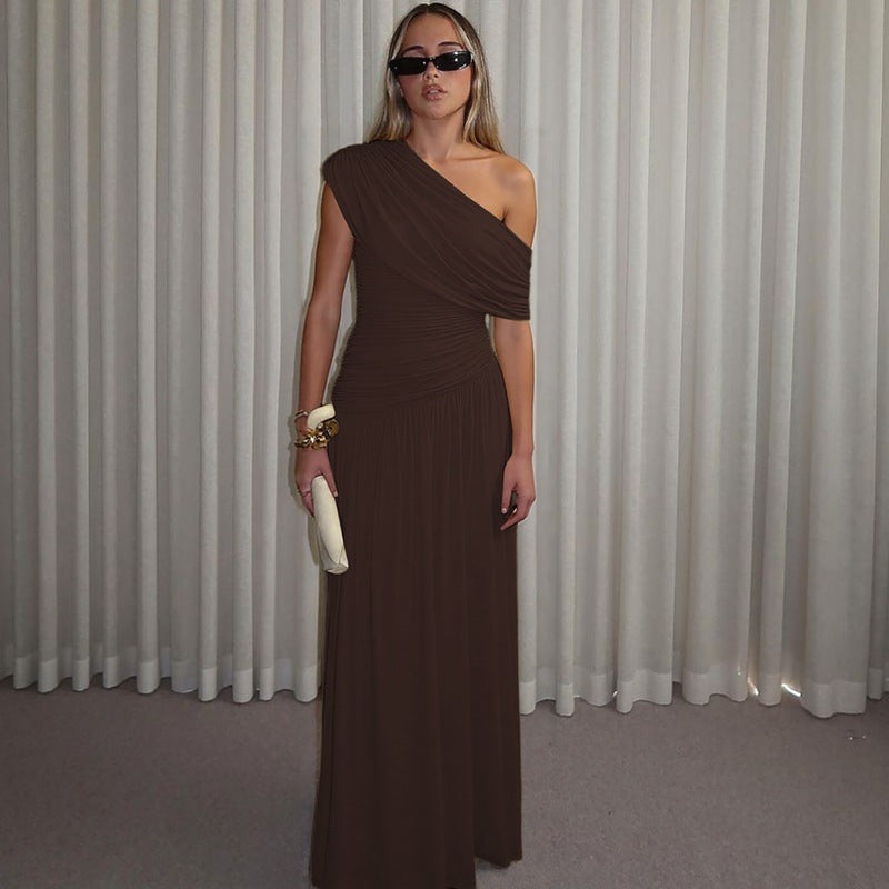 Damen Elegantes asymmetrisches Maxikleid mit Raffungen Drune