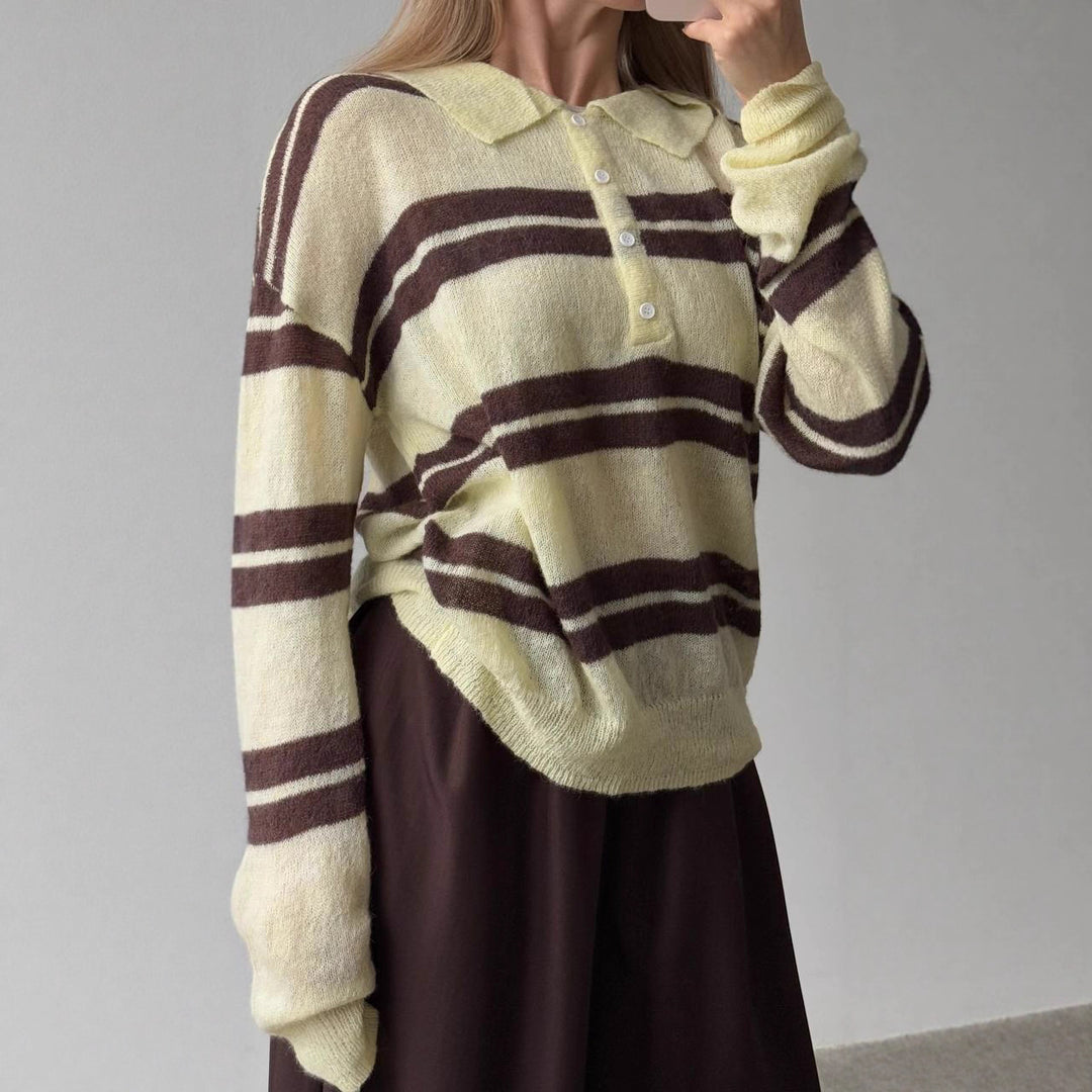 Damen Grob gestrickter Pullover mit Polo-Kragen und Blockstreifen Drune