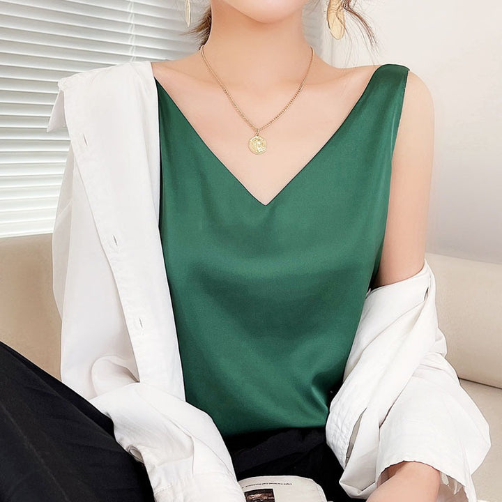 Damen V-Ausschnitt Satinbluse Drune