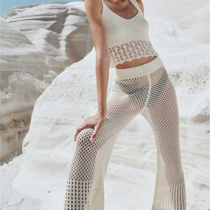 Damen luftiges Cropped-Häkeloberteil und Hochtaillierte Netzhose Drune