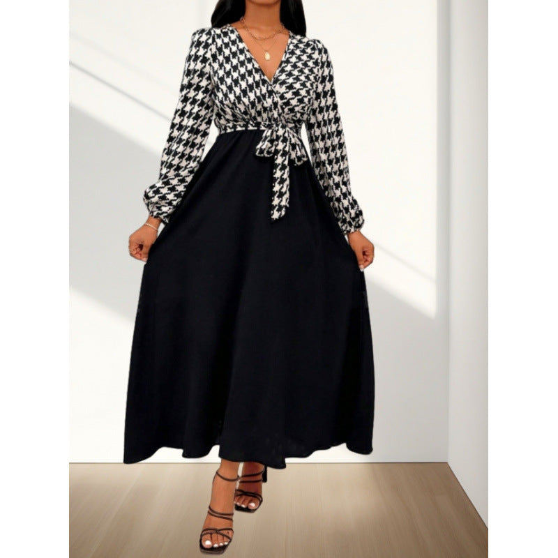 Damen Maxi-Kleid mit Kreuzverschluss und elegantem Hahnentrittmuster Drune