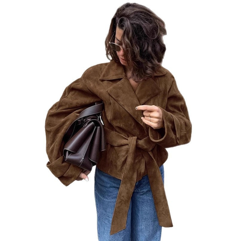 Damen Modische Wildlederjacke mit Gürtel und tailliertem Schnitt Drune