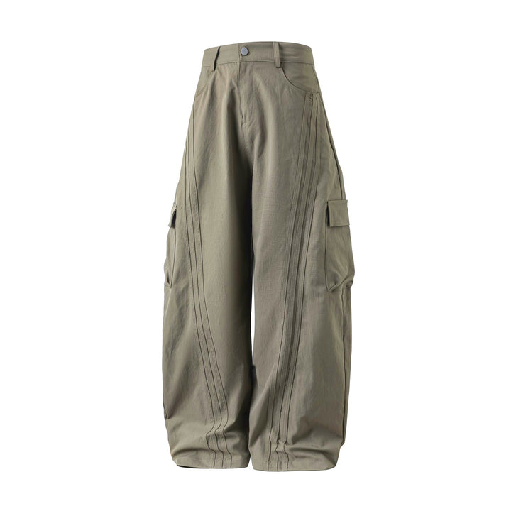 Damen Hochtaillierte weite Cargo‑Palazzo‑Hose mit seitlichen Klappentaschen und Ziersteppungen Drune