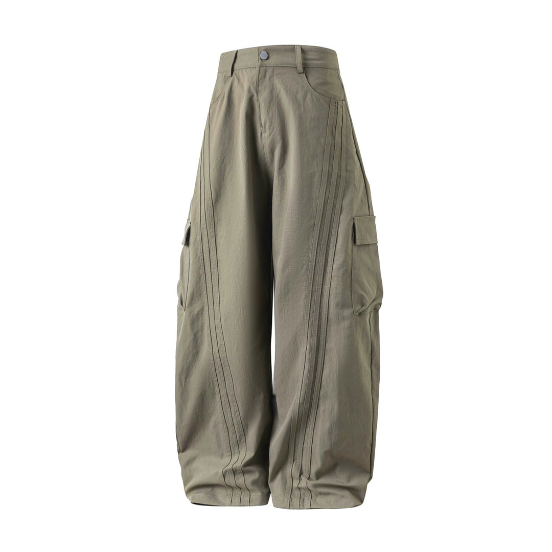 Unisex Oversize-Cargo Palazzohose mit hoher Taille, dekorativen Steppnähten und aufgesetzten Klappentaschen Drune
