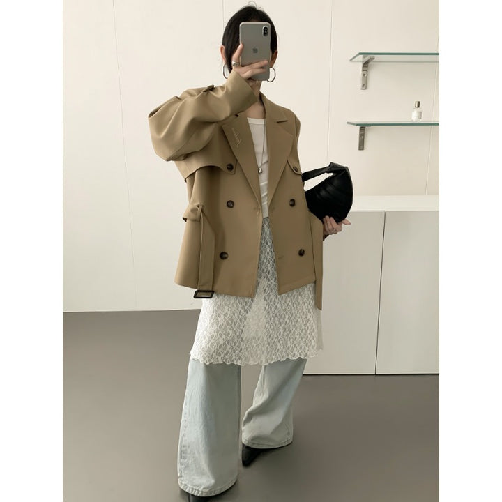 Damen Kurztrenchjacke mit taillierendem Bindegürtel und voluminösen Ballonärmeln Drune