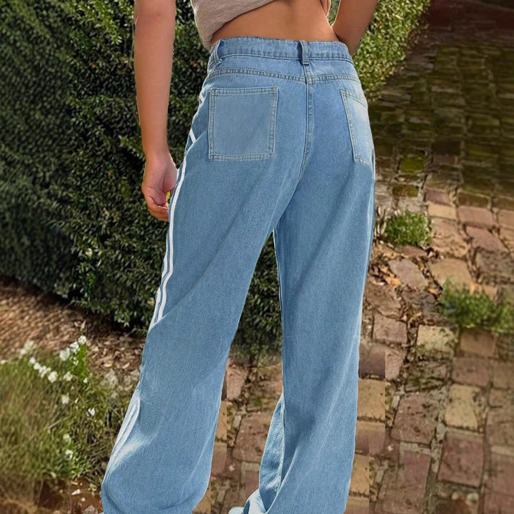 Damen weite Denim-Jeanshose mit sportivem Seitenstreifen Drune